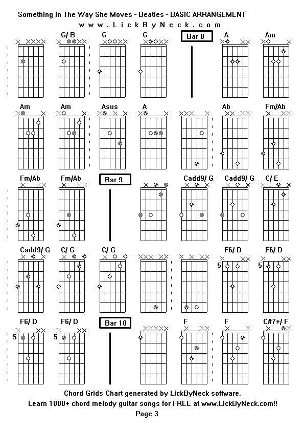 Chord Grids Chart of chord melody fingerstyle guitar song-Something In The Way She Moves - Beatles - BASIC ARRANGEMENT,generated by LickByNeck software.